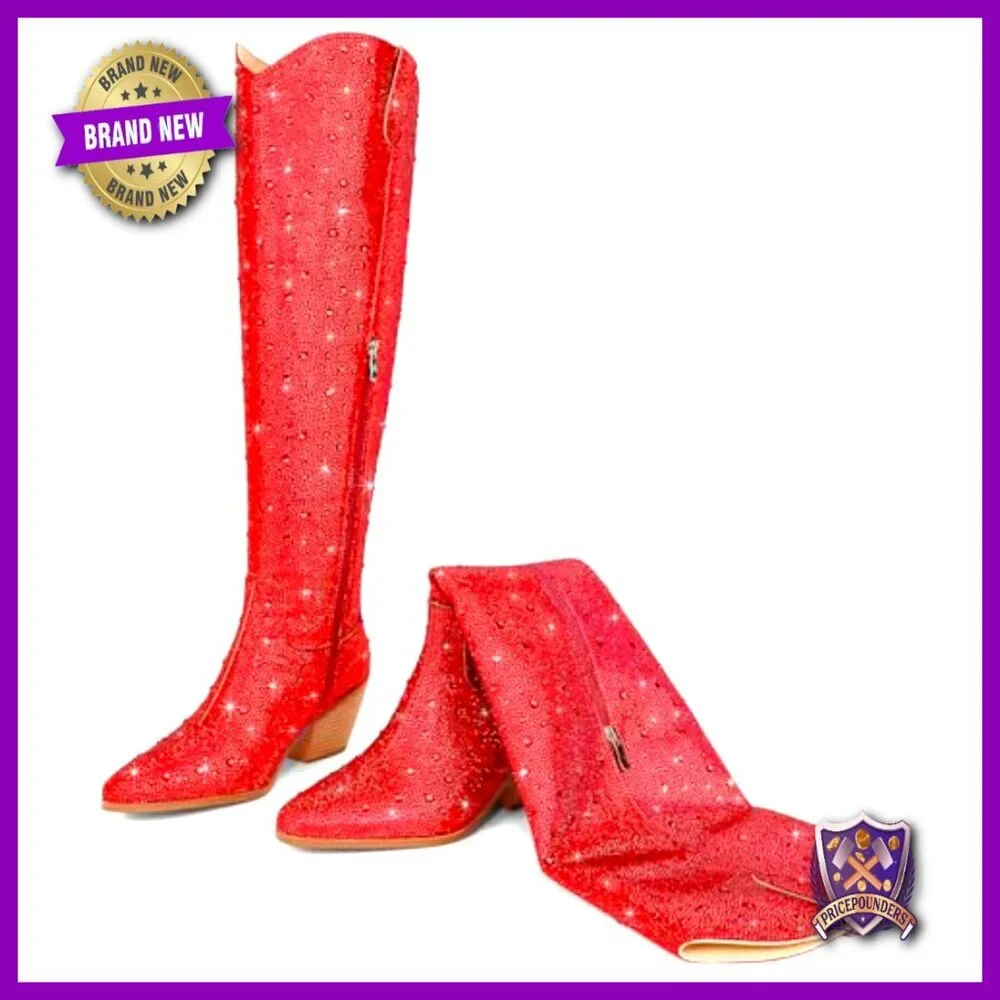 Sparkly Rhinestone Over the Knee Cowboy Boots Western Pull-On Chunky Heel